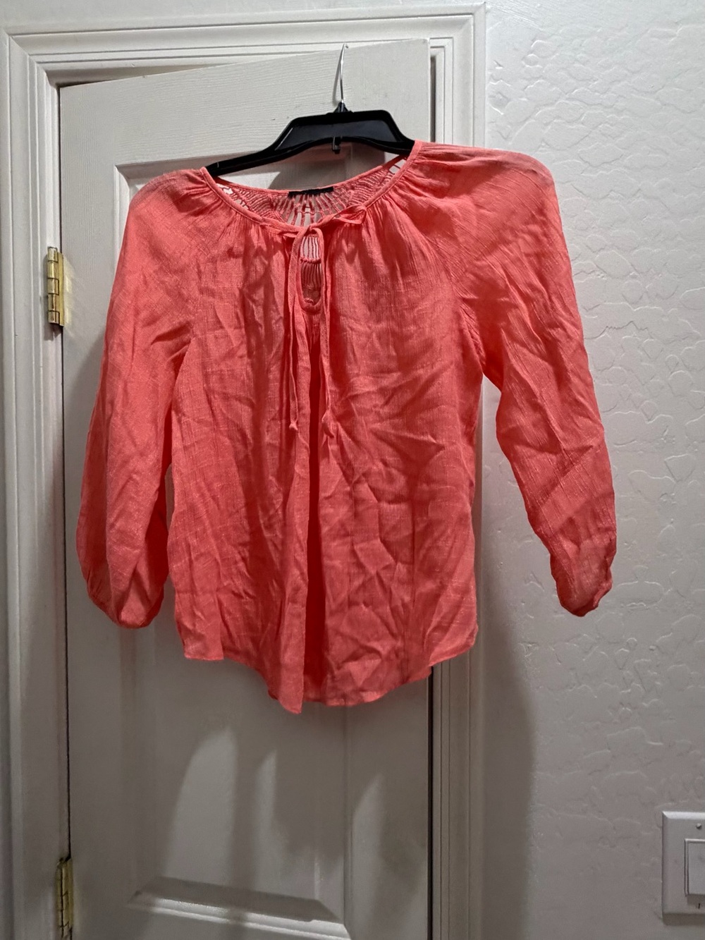 Tie-Neck Coral Blouse with Three-Quarter Sleeves